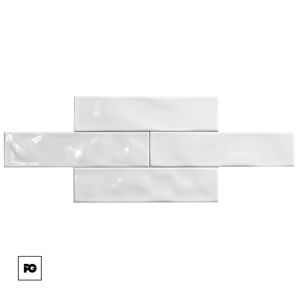 White rectangular tiles in a staggered brick pattern on a white background, with a small PG logo bottom-left.